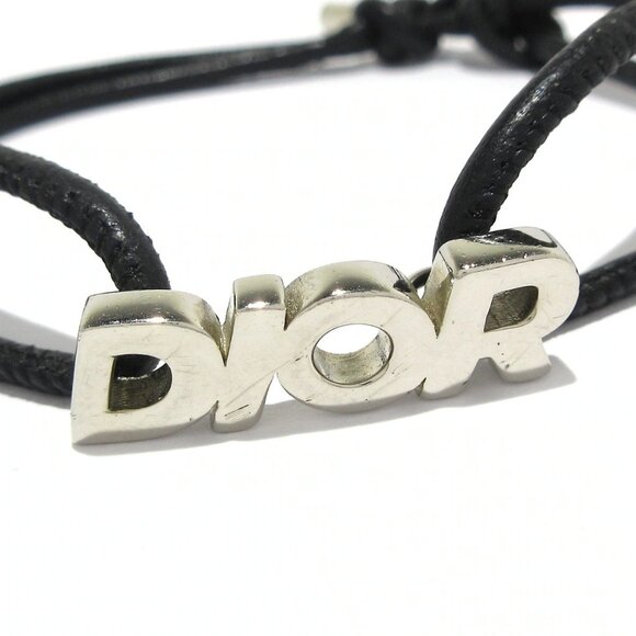 Auth DIOR/ChristianDior ITALIC Bracelet Silver Black Calf Leather Bracelet - Picture 2 of 6